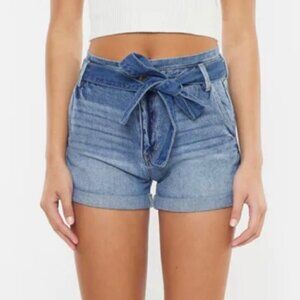 Kancan Denim Tie Waist High Rise Paperbag Cuffed Jean Shorts Plus Size Blue 32